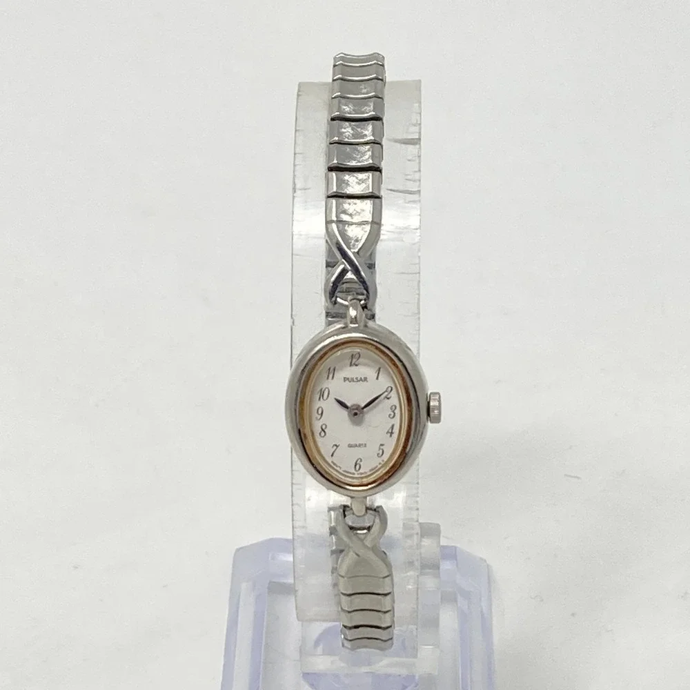 Vtg Pulsar Watch Women Silver Tone 16mm Oval Dial V810-5160 Stretch New Battery